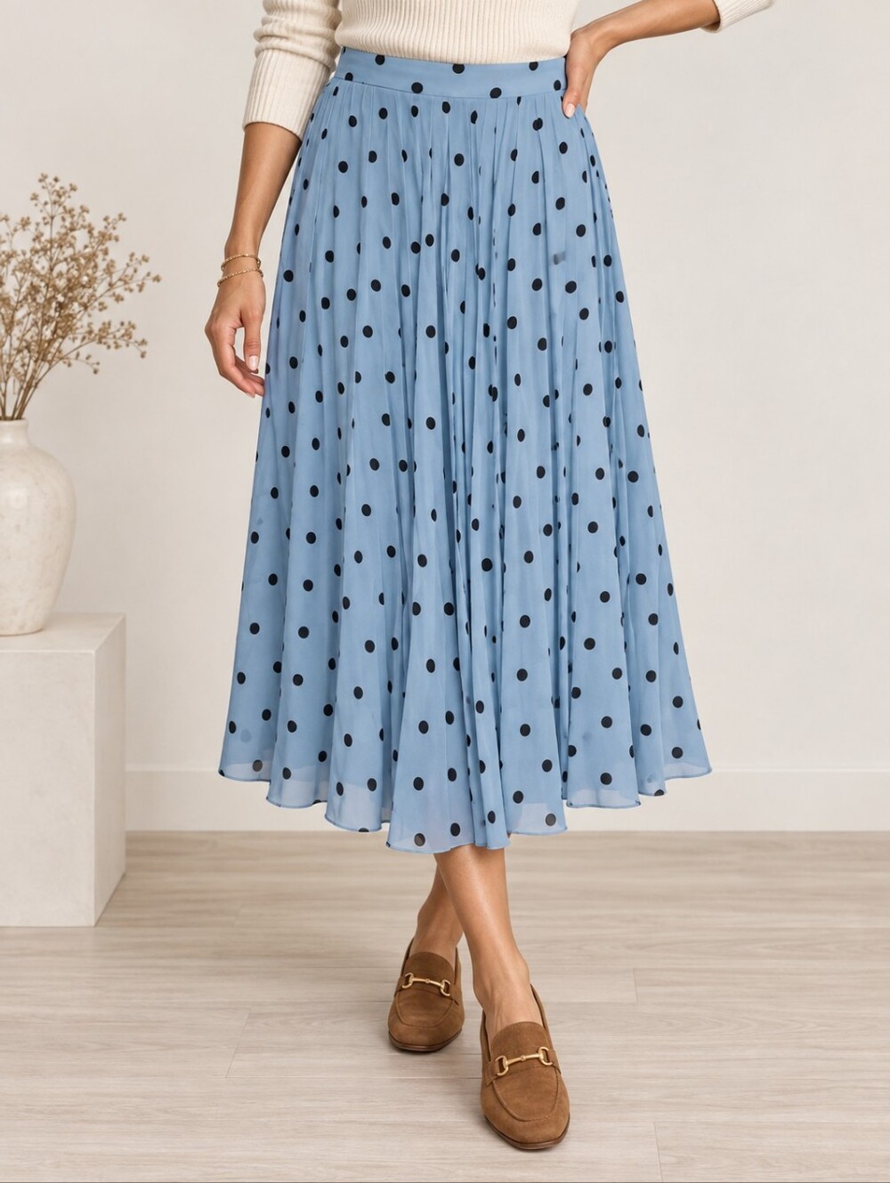 WD.NY Polka Dot Pleated Midi Skirt Full Lined Side Zip Flowy Chiffon Style